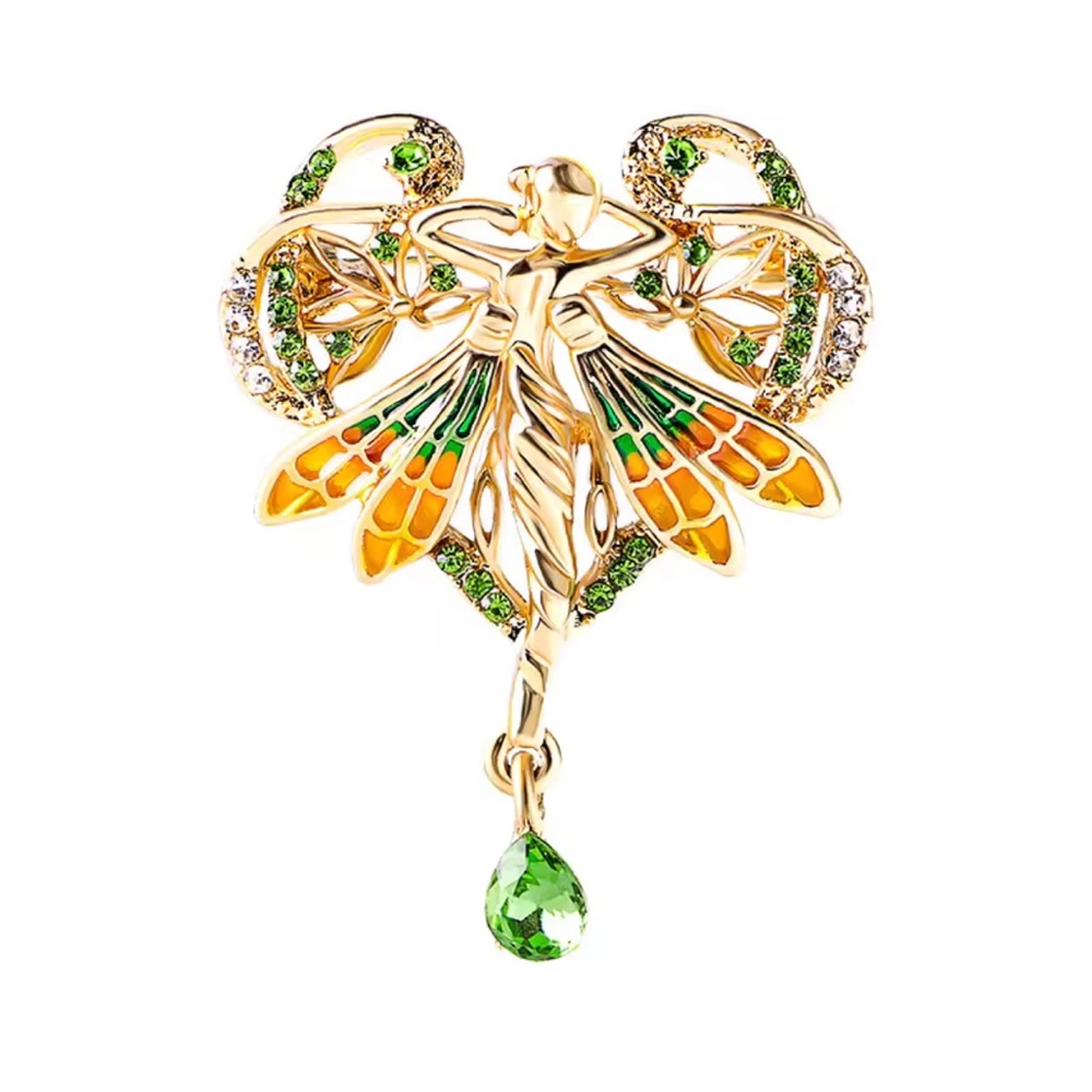 Gold Tone Green & Orange Fairy Brooch